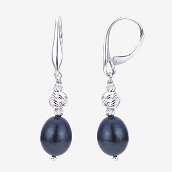 Dyed Black Cultured Freshwater Pearl Sterling Silver Drop Earrings