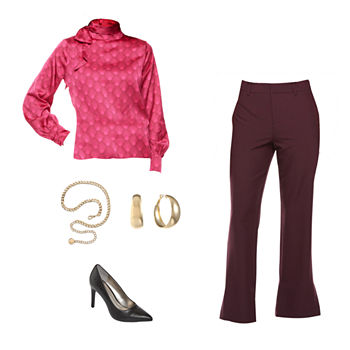 Pink Persuasion: Worthington Bow-Tie Blouse, Side-Slit Trousers & Stiletto Pumps