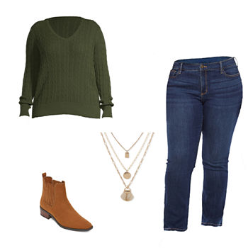 Go Green: Women’s Plus St. John’s Bay V-Neck Sweater, Straight-Leg Denim & a.n.a Booties