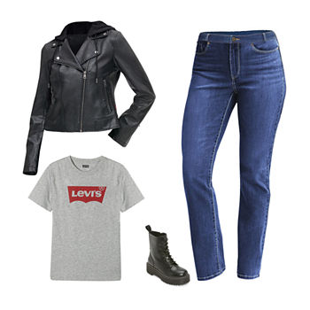Get Your Moto Running: Levi’s® Hooded Moto Jacket, Perfect Tee, Classic Straight-Leg Jeans & Pop Combat Boots