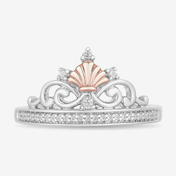 Enchanted Disney Fine Jewelry Womens 1/10 CT. T.W. Genuine White Diamond 14K Rose Gold Over Silver Crown Ariel Princess The Little Mermaid Cocktail Ring