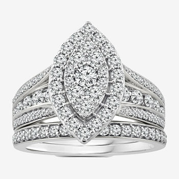 Womens 1 1/2 CT. T.W. Genuine White Diamond 10K White Gold Marquise Side Stone Halo Bridal Set