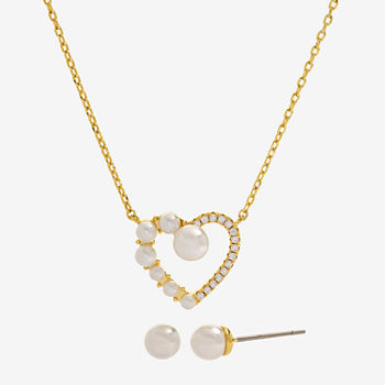 Sparkle Allure 2-pc. Cubic Zirconia Simulated Pearl 14K Gold Over Brass Heart Jewelry Set