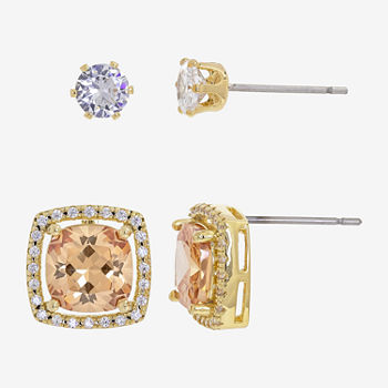 Sparkle Allure 2 Pair Cubic Zirconia 14K Gold Over Brass Earring Set