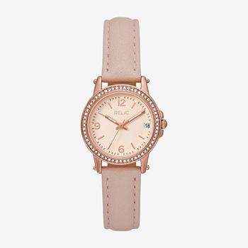 Relic By Fossil Womens Pink Leather Strap Watch Zr34647