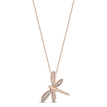 Enchanted Disney Fine Jewelry Dragonfly Womens 1/10 CT. T.W. Genuine White Diamond 14K Rose Gold Over Silver Princess Mulan Pendant Necklace