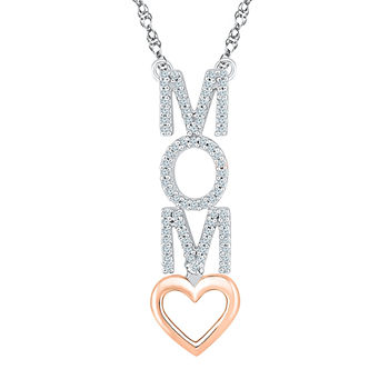 "Mom" Womens Genuine White Diamond 10K Gold Over Silver Heart Pendant Necklace