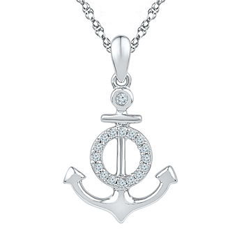 Womens Genuine White Diamond Sterling Silver Anchor Pendant Necklace