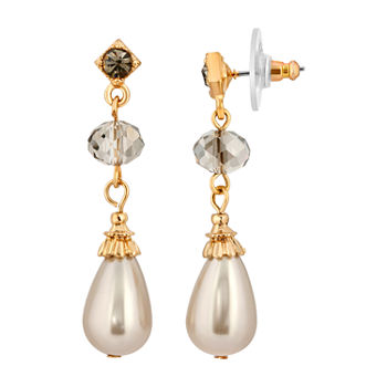 1928 Gold Tone Crystal Simulated Pearl Drop Earrings