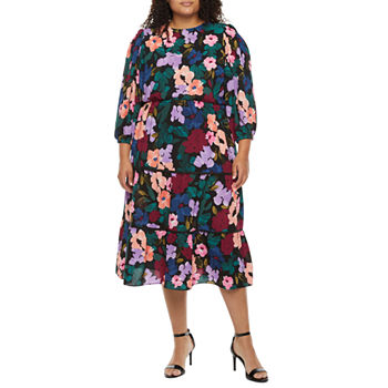 Clover And Sloane Plus 3/4 Sleeve Floral Midi Fit + Flare Dress