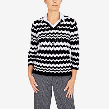 Alfred Dunner Checking In Womens 3/4 Sleeve Chevron Pullover Sweater