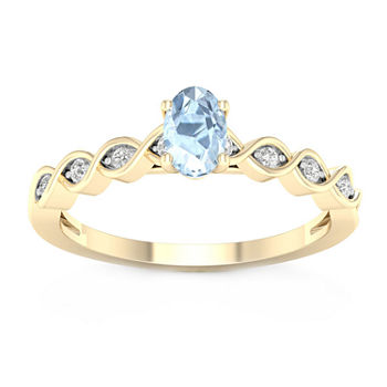 Womens Diamond Accent Genuine Blue Aquamarine 10K Gold Cocktail Ring
