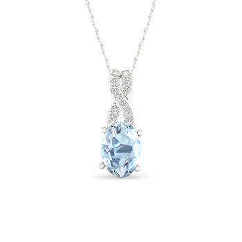 Womens Diamond Accent Genuine Blue Aquamarine 10K Gold Pendant Necklace