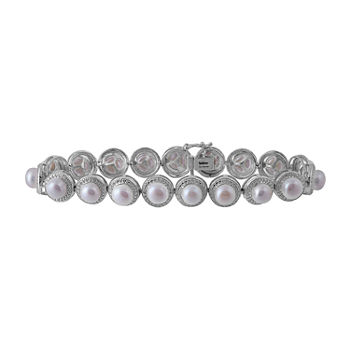 Diamond Accent Genuine White Cultured Freshwater Pearl Sterling Silver Beaded Bracelet