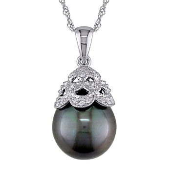 Black Tahitian Pearl and Diamond Accent 10K White Gold Pendant Necklace