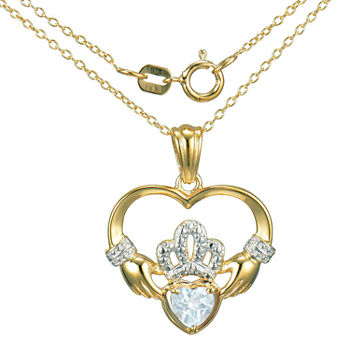 Heart-Shaped Genuine Aquamarine and Diamond-Accent Claddagh Pendant Necklace