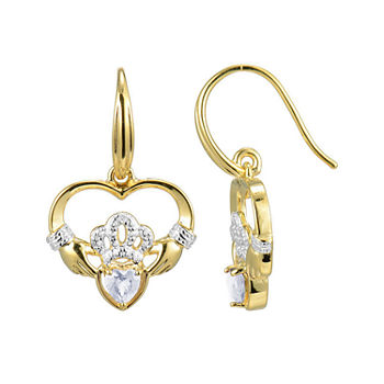Heart-Shaped Genuine White Topaz and Diamond-Accent Claddagh Earrings