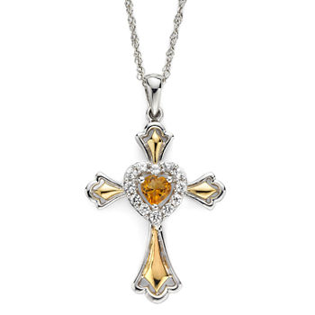 Citrine & Lab-Created White Sapphire Two-Tone Cross Pendant Necklace