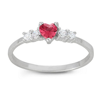 Girls Pink Cubic Zirconia Sterling Silver Heart Delicate Cocktail Ring