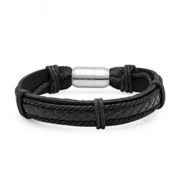 Steeltime Black Braided Leather Stainless Steel 8 1/2 Inch Solid Link Bracelet