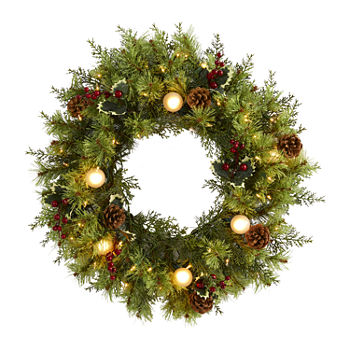 Nearly Natural 24in. Christmas Artificial Wreath With 50 White Warm Lights; 7 Globe Bulbs; Berries And Pine Cones Indoor Christmas Wreath