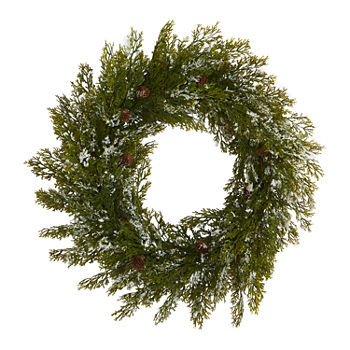 Nearly Natural 20in. Snowed Artificial Cedar With Pine Cones Indoor Christmas Wreath