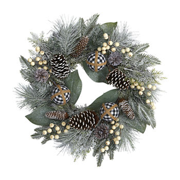 Nearly Natural 24in. Snow Tipped Holiday Artificial Wreath With Berries; Pine Cones And Ornaments Indoor Christmas Wreath