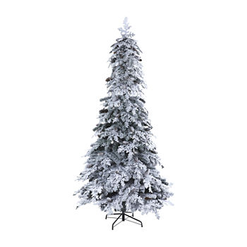 Nearly Natural 8 Foot 8ft. Flocked Montana Down Swept Spruce Artificial Christmas Tree With Pinecones And 500 Led Lights Spruce Pre-Lit Flocked Christmas Tree