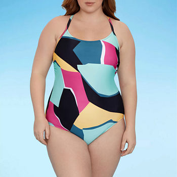 Xersion Womens Geometric One Piece Swimsuit Plus