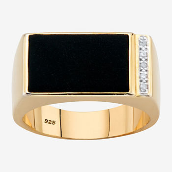 Mens Diamond Accent Genuine Black Onyx 14K Gold Over Silver Fashion Ring