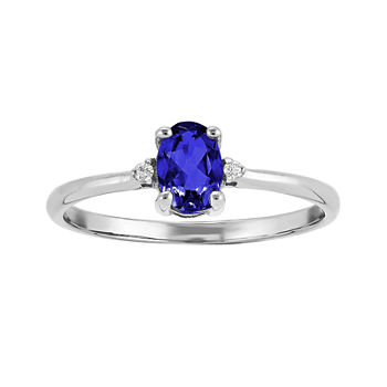 Oval Genuine Blue Sapphire and Diamond-Accent 14K White Gold Birthstone Ring