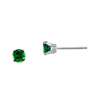 4mm Round Genuine Emerald 14K White Gold Earrings