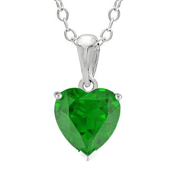 Heart-Shaped Lab-Created Emerald Sterling Silver Pendant Necklace
