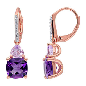 Genuine Amethyst, Rose de France and Diamond-Accent Rose Gold Over Silver Earrings