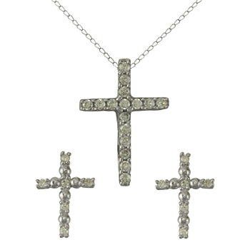 Girls Sterling Silver Cubic Zirconia Cross Pendant Necklace & Earring Set