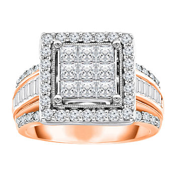Womens 2 CT. T.W. Genuine White Diamond 10K Rose Gold Square Halo Engagement Ring