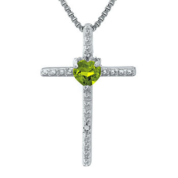 Genuine Peridot and Diamond-Accent Sterling Silver Cross and Heart Pendant Necklace