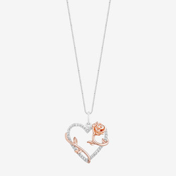 Enchanted Disney Fine Jewelry Womens Genuine White Diamond 10K Rose Gold Over Silver Sterling Silver Heart Belle Pendant Necklace