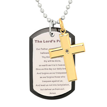 Mens Two-Tone Stainless Steel Diamond-Accent Lord’s Prayer Cross Pendant Necklace