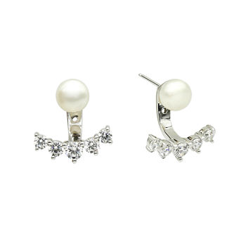 DiamonArt® Cultured Freshwater Pearl and Cubic Zirconia Sterling Silver Jacket Earrings