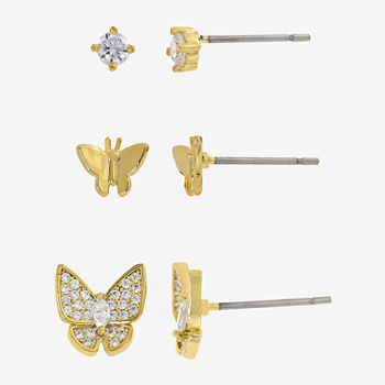 Sparkle Allure 14k Gold Over Brass 3 Pair Cubic Zirconia Butterfly Earring Set