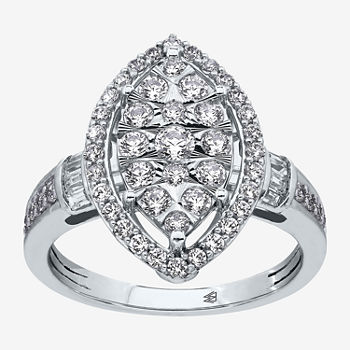 Signature By Modern Bride Womens 1 CT. T.W. Genuine White Diamond 10K White Gold Marquise Side Stone Halo Engagement Ring