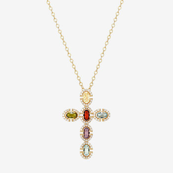Womens Genuine Multi Color Stone 18K Gold Over Silver Cross Pendant Necklace