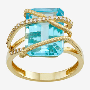 Womens Genuine Blue Topaz & 1/6 CT. T.W. Genuine White Diamond 10K Gold Cocktail Ring