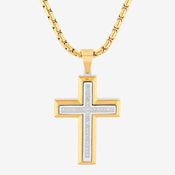 Mens 1/5 CT. T.W. White Diamond Stainless Steel Cross Pendant Necklace