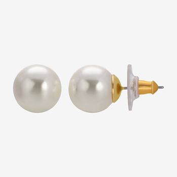 1928 Gold Tone Simulated Pearl 1/2 Inch Ball Stud Earrings