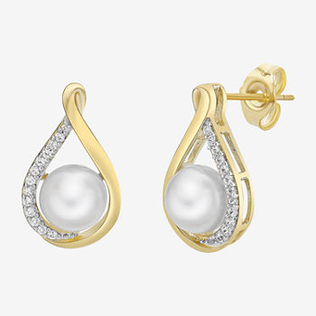 Lab Created White Cultured Freshwater Pearl 14K Gold Over Silver Drop Earrings