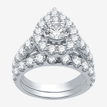 Womens 4 CT. T.W. Lab Grown White Diamond 10K White Gold Pear Side Stone Halo Bridal Set