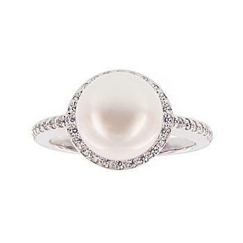 Diamonart® Cultured Freshwater Pearl and Cubic Zirconia Sterling Silver Ring