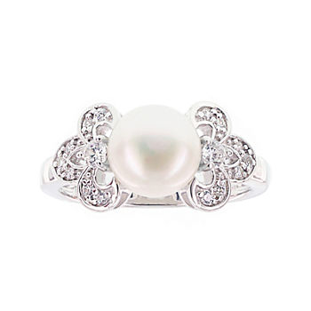 Diamonart® Cultured Freshwater Pearl and Cubic Zirconia Sterling Silver Clover Ring